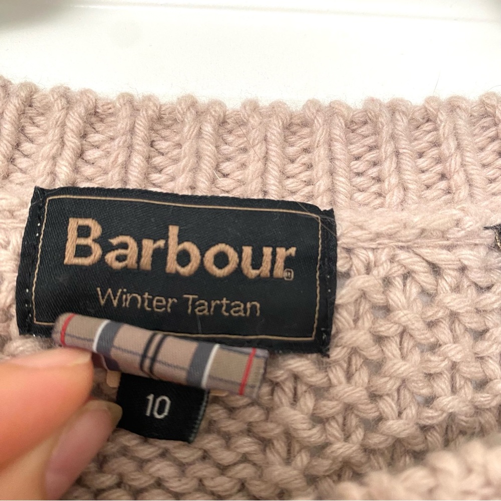 Barbour Chunky Cable Knit Winter Tartan Crew Wool Cashmere Sweater Beige 10 - Picture 5 of 6